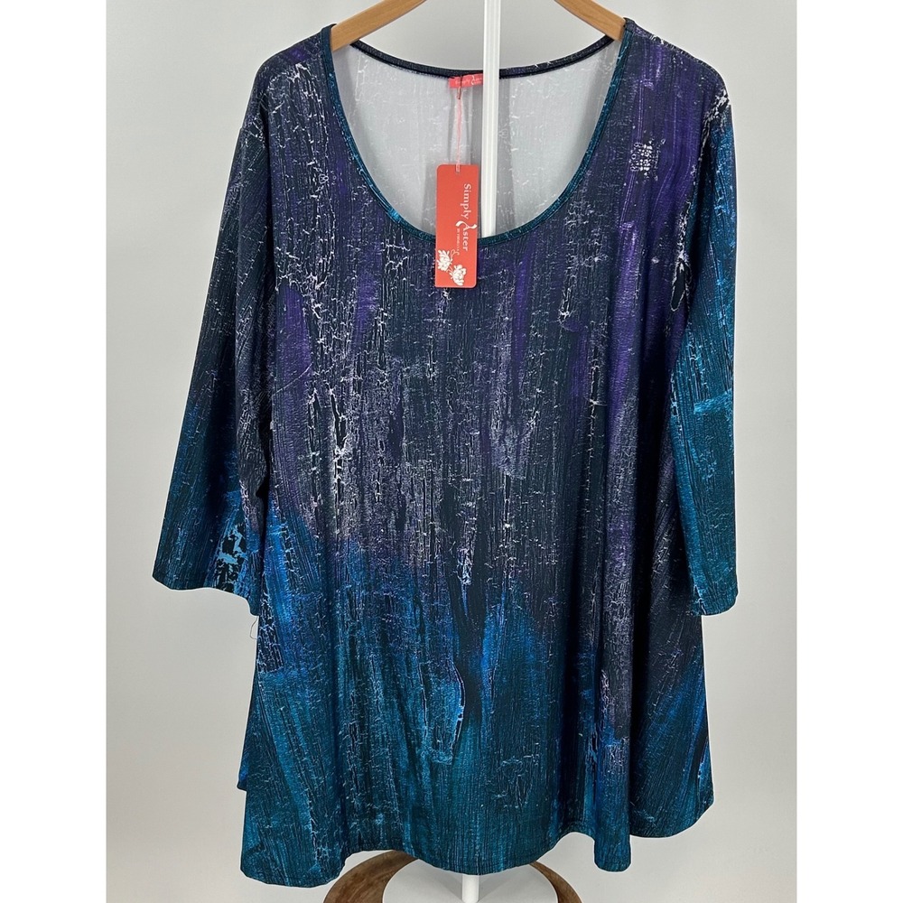 Simply Aster by Firmiana Abstract Print 3/4 Sleeve Tunic Top Purple Blue 3X NEW